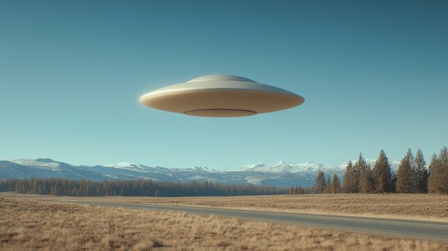 Mysterious flying saucer hovers above a tranquil road surrounded by mountains and forests
