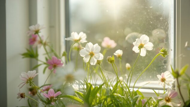 A window adorned with flowers in spring, showcasing vibrant colors and natural light, ideal for editorial header background