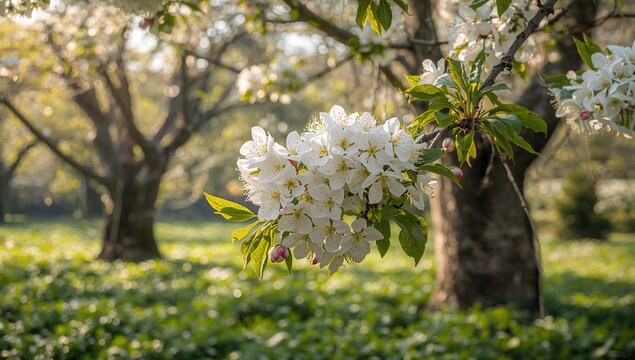 Cherry blossoms background, delicate white flowers and budding leaves, seasonal change