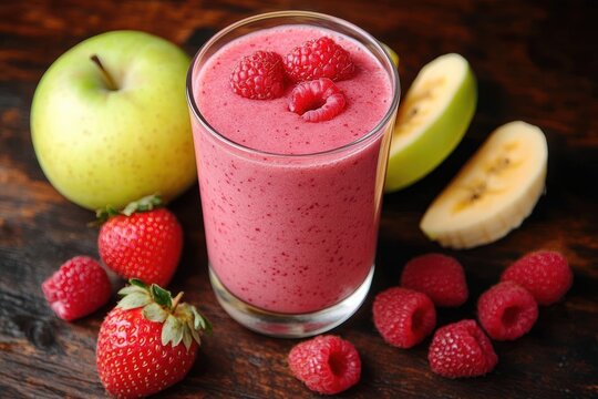 Fresh red raspberry smoothie in a glass surrounded by ripe strawberries, raspberries, green apple, and sliced banana on a wooden surface