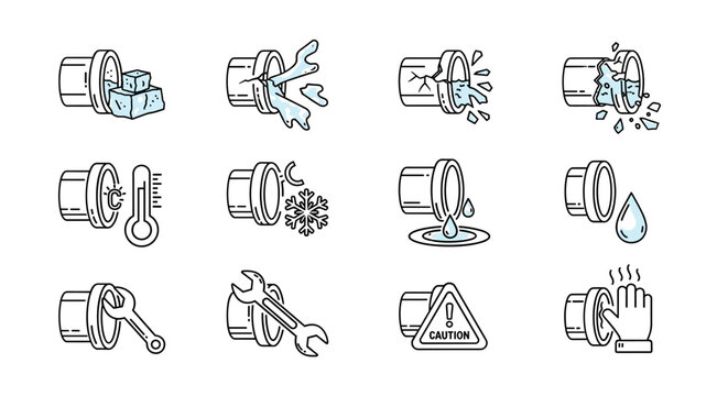 Set of outline icons representing frozen pipe issues and plumbing problems, including ice blocks, cracks, water leaks, temperature readings, snowflakes, repair tools, caution signs, and hot pipes