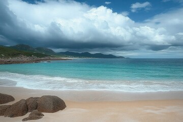 Peaceful sandy beach with smooth rocks, gentle turquoise waves, green hills in the background, and dramatic cloudy sky