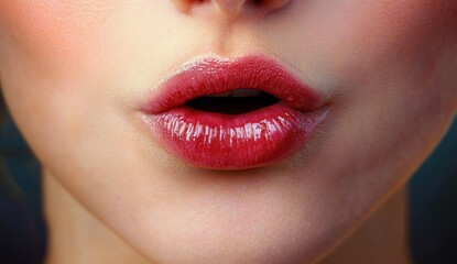 Fototapeta premium Close-up of a person's glossy red lips slightly parted showing natural skin texture and subtle facial details