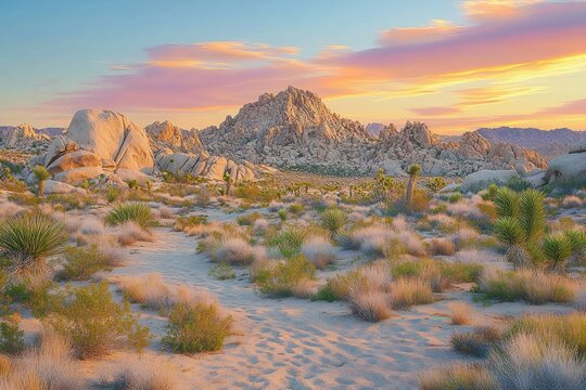 A serene desert landscape at sunset with rocky hills, scattered shrubs, sandy path, and colorful clouds in the sky - Powered by Adobe