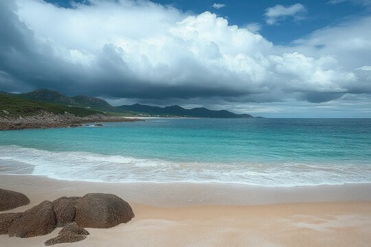 Peaceful sandy beach with smooth rocks, gentle turquoise waves, green hills in the background, and dramatic cloudy sky