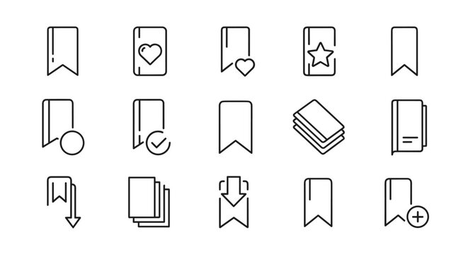 A collection of minimalist line art icons representing bookmarks and books, perfect for graphic design, app interfaces, and web elements. This set includes various styles like simple flags, books