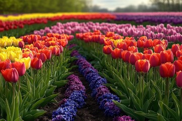 Vibrant rows of red, yellow, purple, and orange tulips alongside blue hyacinths in a bright field under a clear sky