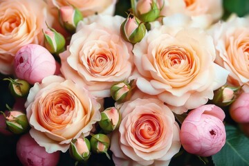 Obraz premium Close-up of fresh peach and pink roses with rosebuds and green leaves in soft natural light