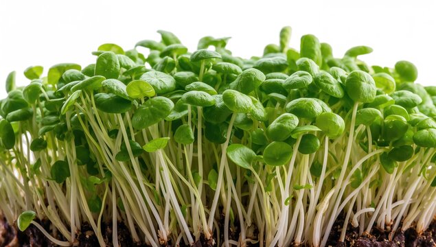 Variety of micro greens displayed on a white surface, beneficial for health and nutrition