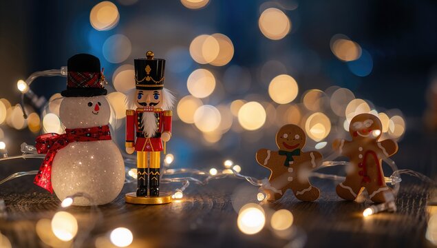 Christmas decorations featuring a snowman, nutcracker, and gingerbread man, festive ambiance with bokeh fairy lights - Powered by Adobe