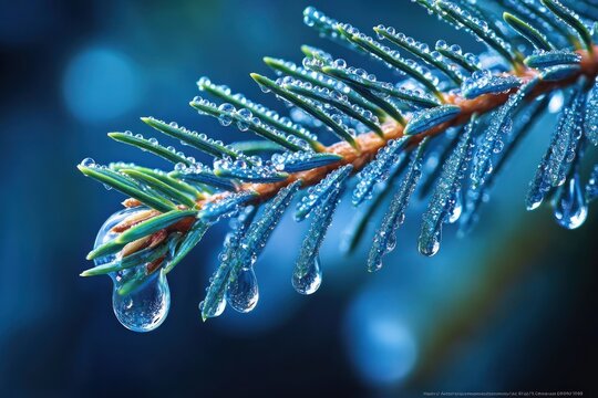 Close-up of pine branch covered with glistening water droplets and dew against a blurred blue background, evoking freshness and tranquility