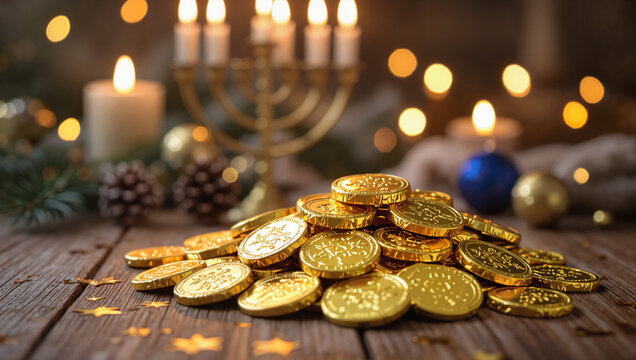 Pile of Hanukkah gelt with menorah and candles in background