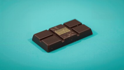 A whole dark chocolate bar with a gold square set against a vibrant backdrop, symbolizing luck, minimal color still life photography