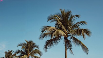 Summer getaway at a tropical beach, featuring palm trees and clear skies, focused on relaxation