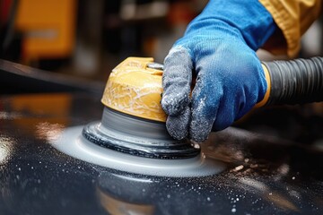 Close-up of a person wearing blue gloves using a yellow electric polisher on a black glossy surface with polishing compound