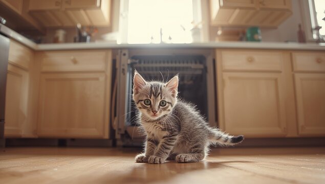 A Curious Kitten Engages with a Dishwasher, Playful Exploration of Kitchen Appliances - Powered by Adobe