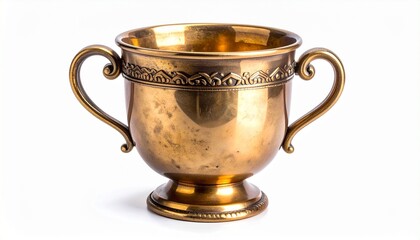 Ornate two-handled brass cup with floral and geometric engravings on rounded body and flared rim
