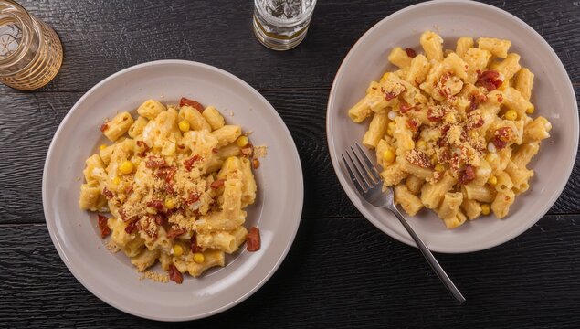 Macaroni and cheese with corn and bacon, panko breadcrumbs on dark wood table, a fiber-dense choice