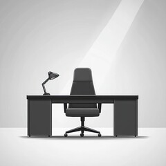 Fototapeta premium Modern minimalistic office setup with a black desk, ergonomic office chair, and adjustable desk lamp on a light gray background with soft lighting