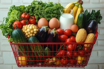 Red shopping basket filled with fresh vegetables, eggs, milk, bananas, and lettuce conveying healthy and nutritious food choices