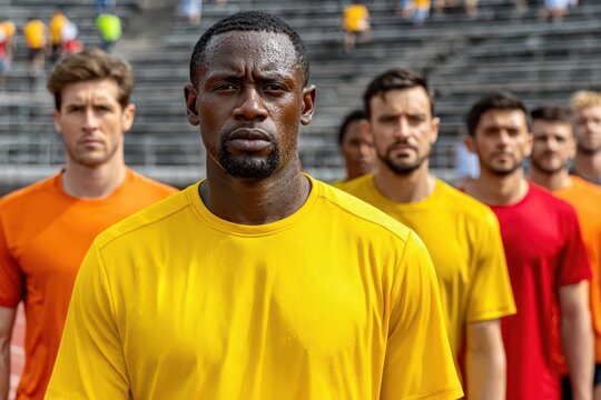 A determined male athlete in yellow, sweating, focused with his team.