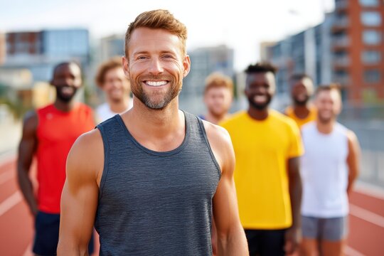 Smiling athletic men, a diverse group, standing on a track, ready for a workout.