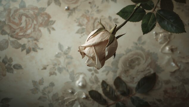 Dried rose petals creating a vintage floral texture, suitable for romantic design use
