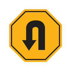 U-turn traffic sign icon in black and yellow octagon, road warning vector