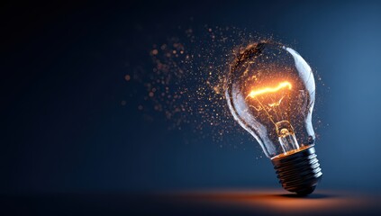 Vibrant photo of a light bulb glows brightly with an orange filament and particles around