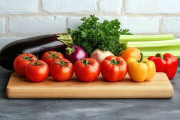 Fresh assorted vegetables including tomatoes, bell peppers, eggplant, celery, onion, garlic, and leafy greens arranged on a wooden cutting board against a white brick wall
