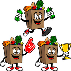 Grocery Bag Mascot Set 05, Hand Drawn illustrations of Grocery Bag Mascots in various poses.