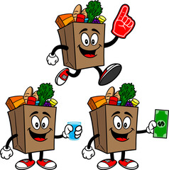 Grocery Bag Mascot Set 04, Hand Drawn illustrations of Grocery Bag Mascots in various poses.