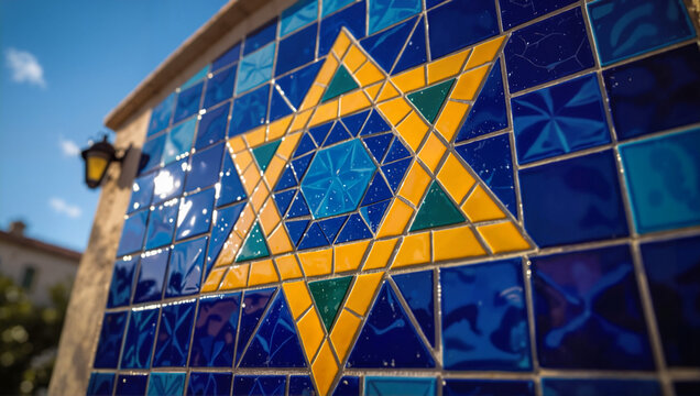 Star of David mosaic on blue ceramic wall outdoors
