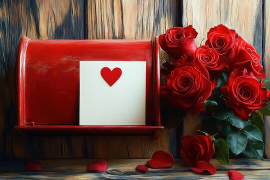 red mailbox with a white card featuring a red heart next to a bouquet of red roses on a rustic wooden surface with scattered rose petals creating a romantic and warm atmosphere - Powered by Adobe