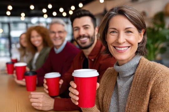 A diverse group of smiling colleagues enjoying a coffee break together at a modern office.
