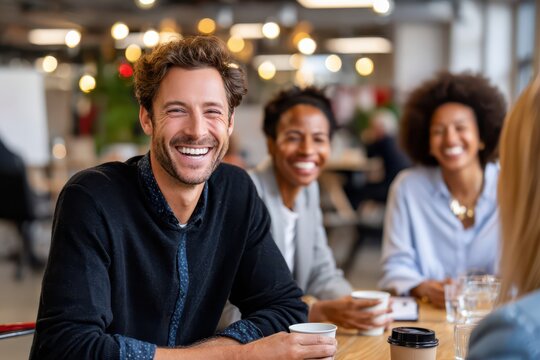 Happy diverse business team laughing and enjoying a coffee break in a modern office.