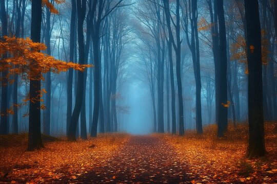 Misty forest path with tall dark trees and vibrant orange fallen leaves creating a mysterious and serene autumn atmosphere