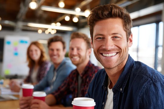 Smiling young businessman with happy diverse team in a modern office.
