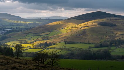 Undulating agricultural hills in Mid Wales, showcasing seasonal change and natural beauty