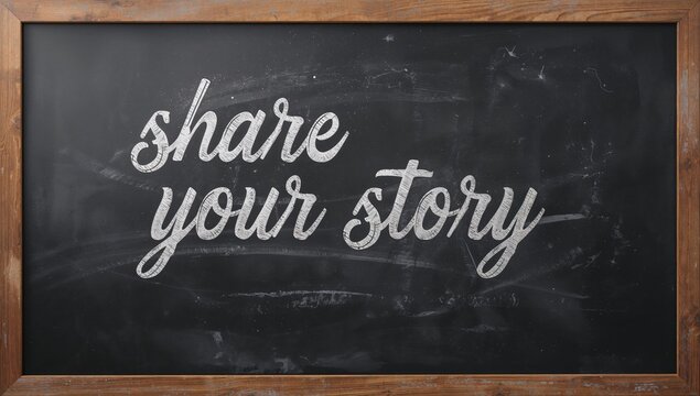 Inspirational message written in white chalk on a dark board, encouraging storytelling and wisdom exchange