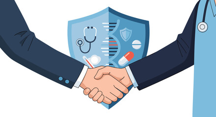 Professional handshake symbolizing a healthcare agreement or medical protection, with a shield graphic featuring DNA, stethoscope, pills, and thermometer, representing science and health