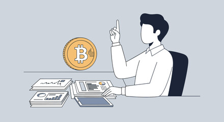 A person sitting at a desk, raising a finger in a moment of insight, next to a floating Bitcoin coin and stacks of financial documents, symbolizing cryptocurrency, finance, blockchain, investment