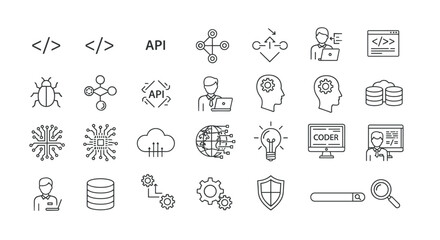 A comprehensive set of line-style web icons representing programming and coding concepts, including software development for web and mobile applications, code snippets, API interfaces, programmers