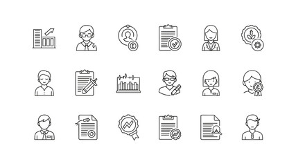 Quality control icon set featuring inspection, evaluation, checklist, analysis, product quality assurance, rewards, bad quality indicators, settings, and customer satisfaction symbols, presented in a
