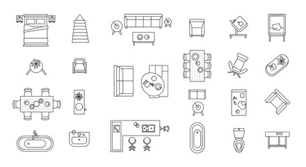 Set of isolated linear icons for interior design, top view. Vector illustration of furniture and elements for apartments, living room, bedroom, dining room, bathroom, and kitchen, including beds