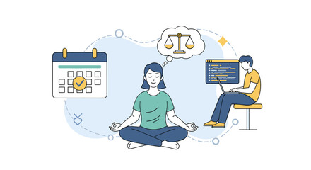 Vivid illustration of a person meditating in lotus pose, symbolizing mindfulness and inner peace, juxtaposed with a calendar for organizing tasks and an individual coding on a laptop, representing