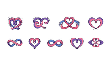 Collection of abstract love logos and infinity symbols in pink, purple, and blue, representing connection, relationships, and eternal bonds, perfect for branding and design projects, isolated on a