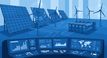 Futuristic blue vector illustration of a sustainable energy microgrid control room, featuring solar panels, wind turbines, battery storage, and advanced monitoring screens displaying global data and