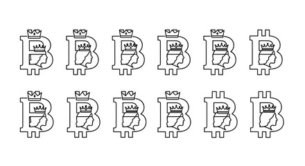 Monogram Letter B Bitcoin Symbol Silhouette of Queen with Crown, Vector Cartoon Illustration on White Background, Ordered Set, Line Icon, Cryptocurrency Concept, Digital Currency, Royal Emblem