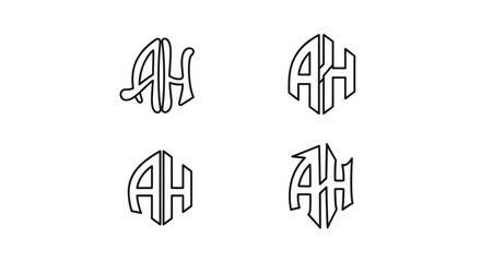 Set of four AH monogram logos in different styles, presented as clean line art on a white background. These versatile vector graphics feature unique letter combinations suitable for branding, graphic